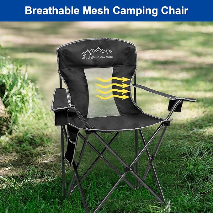 2PCS Collapsible Folding Camping Chairs Heavy Duty Lawn Foldable Chair with Cooler Bag Storage Pocket Waterproof Bag Outdoor Arm Sport Chair Supports 325LBS Black