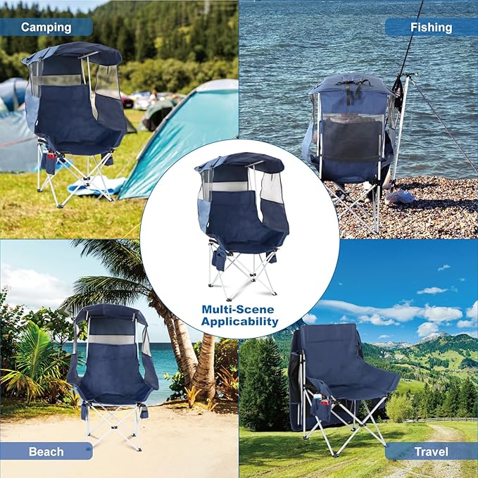 Folding Camping Chairs Canopy Outdoor: Sports Portable Beach Chair with Canopy-Lawn Beach Chairs with Umbrella for Adults-Camping Chair with Shade for Fishing Camp Heavy Duty (Regular Navy Blue)