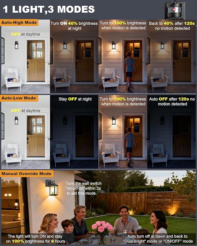 LTBLIGHT Motion Sensor Porch Lights with GFCI Outlet Dusk to Dawn Outdoor Lighting with 3 Modes Waterproof Exterior Light Fixture for House Front Door Garden Garage 120V