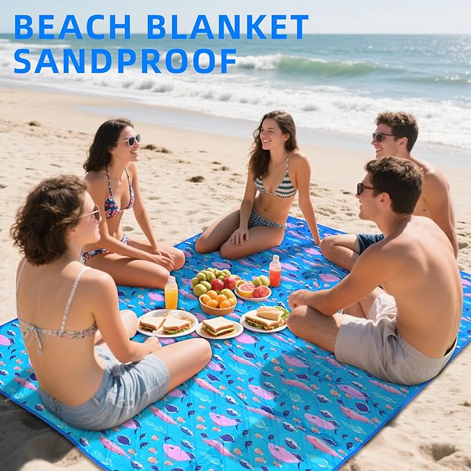 60x80” Double Thickened Picnic Blankets(150g High Density Cotton Stuffed) Blue Fish Pattern Outdoor Picnic Mat Portable Picnic Blanket Foldable with Leather Carry Strap Beach Blanket
