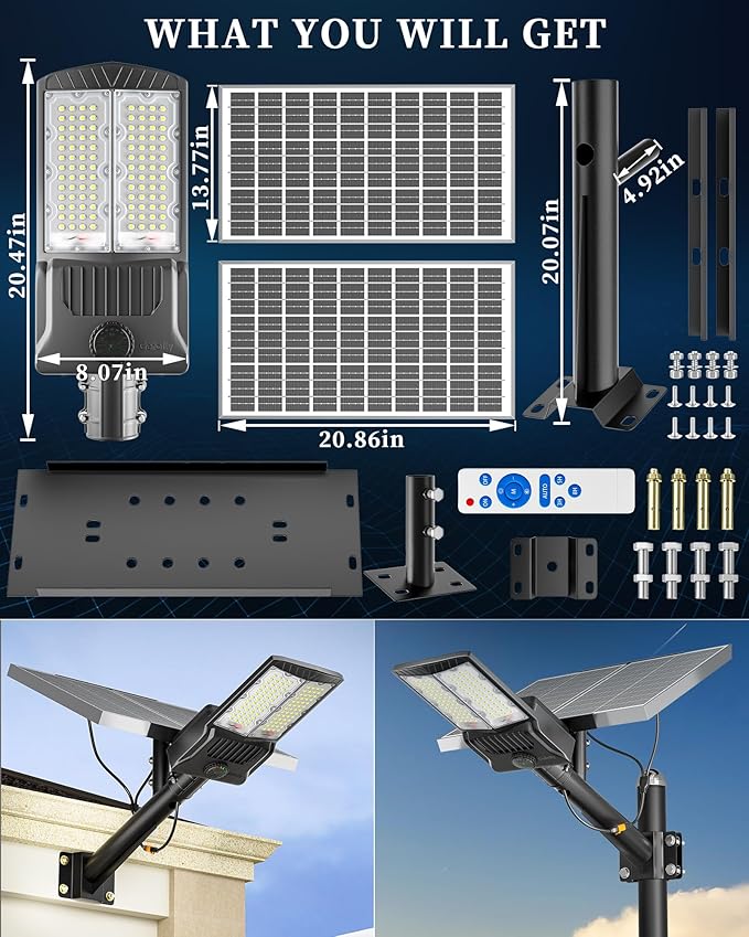 Gefolly Solar Street Lights Outdoor Commercial Parking Lot Light Dusk to Dawn IP67 Waterproof 6500K Security Flood Lights with Motion Sensor Lamp for Yard Road(SL-10000W 600000LM)