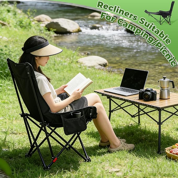 Karenhi Reclining Camping Chair with Footrest Portable Hammock Chair with Adjustable 4 Position Backrest Supports 330lbs Foldable Lounge with Storage Bag for Camping Outdoor Patio Black