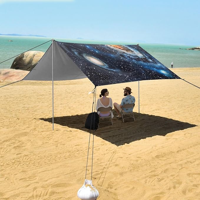 Galaxy Pattern Beach Tent Sun Shelter 9.2' x 10.5' Beach Canopy with 4 Sandbags 4 Stability Poles Sand Shovels - Tent Canopy for Beach Camping Fishing Picnics