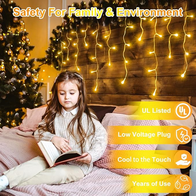 1296LED Christmas Lights with 288 Drops 131ft 8 Modes Christmas String Lights Outdoor Waterproof Christmas Decorations Fairy Lights with Timer Memory for Xmas Party Patio Window Fence Warm White