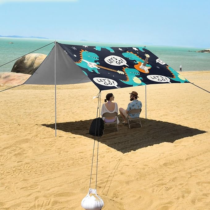 ALAZA Cute Dinosaurs Dino Music Beach Tent Sun Shelter UPF50+ Protection Beach Shade Canopy w/ 4 Sandbags for Outdoor Camping Fishing Backyard Fun Picnic 10x9 ft
