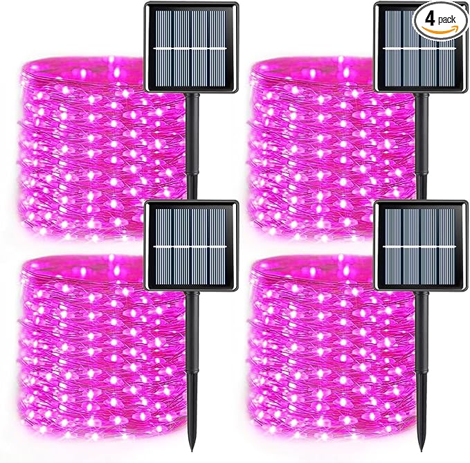 YEGUO 4 Pack Pink Solar Fairy Lights Each 33ft 100 LED Christmas Lights Outdoor Waterproof 8 Modes Sliver Wire Solar String Lights