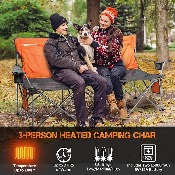 ANTARCTICA GEAR Heated Double Camping Chair with 12V 15000mAh Battery Pack - Heavy-Duty XL Folding Bench for Outdoor Campsites Tailgating - Portable Heated Seating with Adjustable Warmth