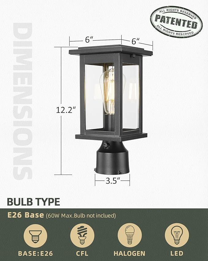Dusk to Dawn Outdoor Post Lamp HWH 12.2 Inch Exterior Pole Lantern with Photocell Sensor Lamp Post Light with Clear Glass 5HD37P PC BK