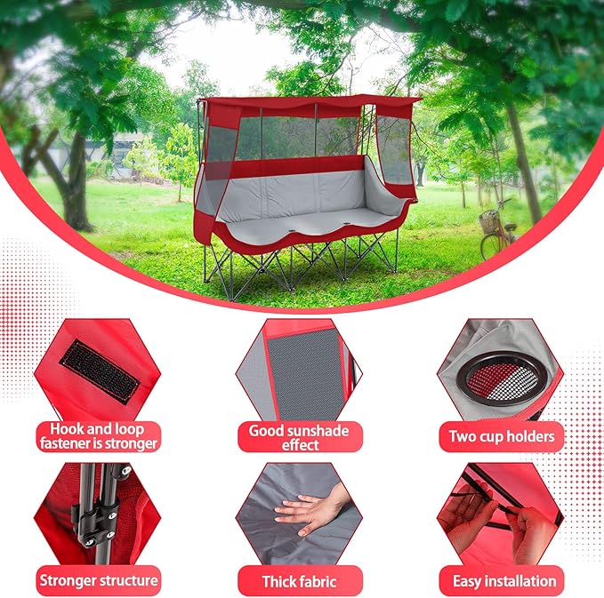 3 Person Camping Chair with Canopy Shade 700lbs Heavy Duty Oversized Beach Camping Chair with Thick Cushion Cup Holder and Carry Bag Foldable Portable Sofa for Lawn Beach Outdoor(Dark Red)