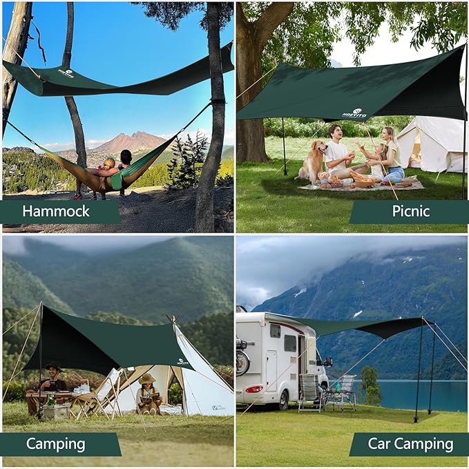Camping Tarp with Poles &amp Retainer 15x12.5FT Large Waterproof Canopy 210D Oxford Cloth UPF80+ UV Sunshade Shelter Portable Car Awning for Outdoor Camping Hammock Backpacking &amp Beach (Gree
