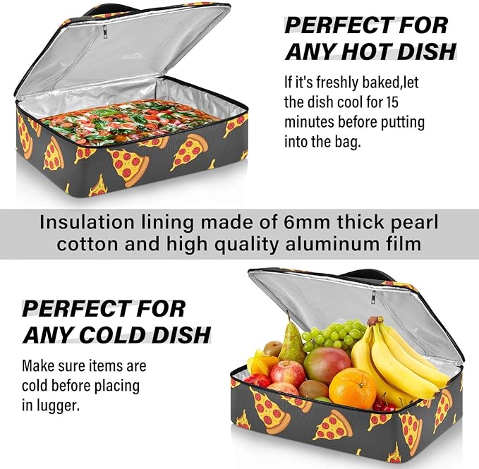 Fries Pizza Black Pattern Insulated Casserole Carrier for Hot or Cold Food Thermal Lasagna Holder Tote Casserole Dish Carrier Bag for Potluck Picnic Camping Parties Fits 9x13 Baking Dish