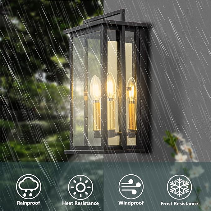 Outdoor Wall Lights with Clear Glass Black Exterior Porch Lights Wall Mount Outdoor Wall Sconce with Gold Candelabra Interior Wall Lantern Patio Light Fixture for House Entryway Garage