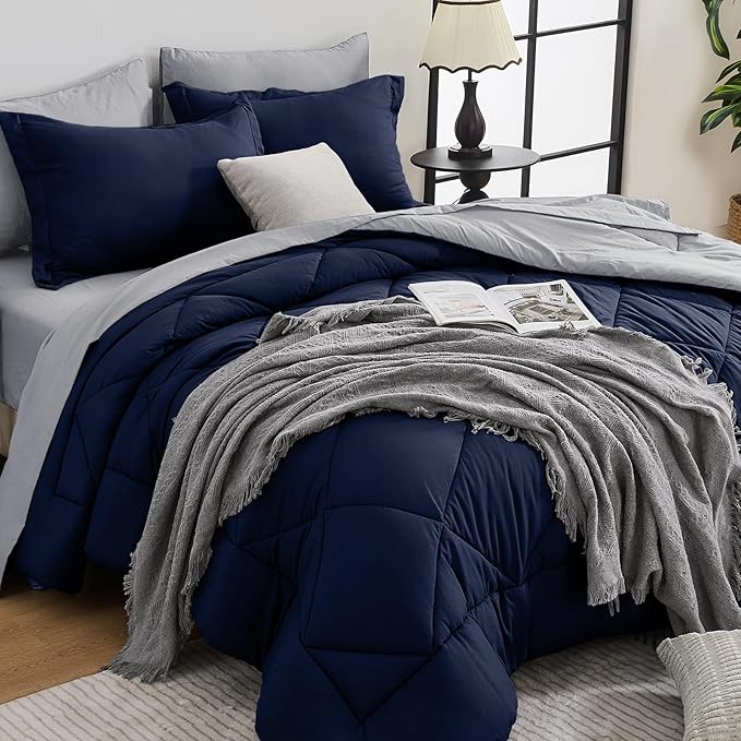 HEVUMYI King Comforter Set - 7-Piece All Season Bed in a Bag King Ultra Soft Bedding Set with Comforter Flat Sheet Fitted Sheet Pillowcases Pillow Shams Navy Blue &amp Light Grey