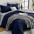 HEVUMYI King Comforter Set - 7-Piece All Season Bed in a Bag King Ultra Soft Bedding Set with Comforter Flat Sheet Fitted Sheet Pillowcases Pillow Shams Navy Blue &amp Light Grey