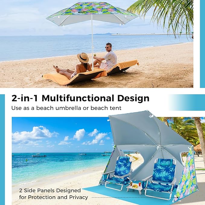 GYMAX Beach Umbrella Tent 2-in-1 Pop up Beach Tent UPF50+ with Carrying Bag Groundsheet Side Panels Sun Shelter for Outdoor Camping