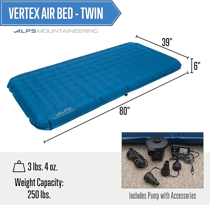 ALPS Mountaineering Vertex Air Bed Twin or Queen Inflatable Mattress Versatile Pump Included