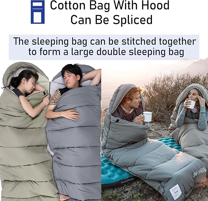 Naturehike Camping Cotton Sleeping Bag Spliceable Double Sleeping Bag for AdultsFully Expandablewith Cotton CapLightweight for Cold Weather CampingMachine Washable