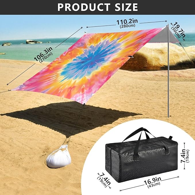 ALAZA Tie Dye Pink Yellow &amp Blue Beach Tent Sun Shelter UPF50+ Protection Beach Shade Canopy w/ 4 Sandbags for Outdoor Camping Fishing Backyard Fun Picnic 10x9 ft
