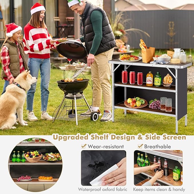 COSTWAY Folding Picnic Table Portable Camping Table with Carry Bag Lightweight Aluminum Food Prep Station with 2 Shelves Quick Set-up BBQ Party Backyard