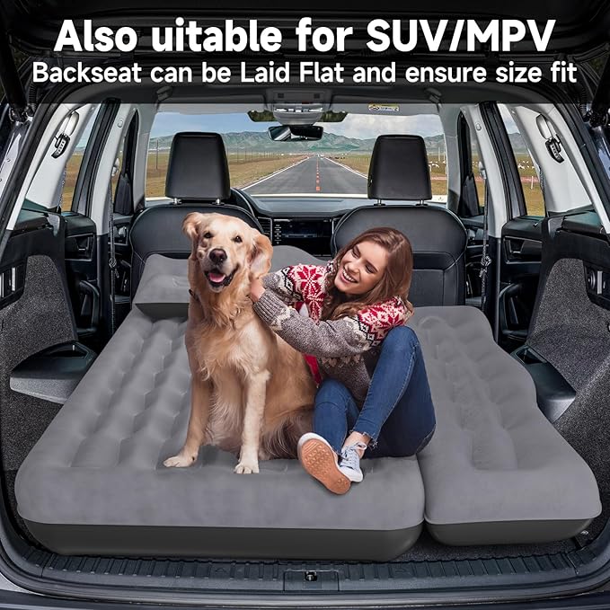 Back Seat Car Air Mattress: Inflatable SUV Car Camping Bed for Truck Van Thickened Double-Sided Flocking Travel Car Sleeping Pad with Air Pump 2 Pillows