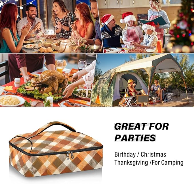 Casserole Carrier Orange Brown Tartan Insulated Casserole Carrier for Hot or Cold Food Thermal Lunch Tote for Parties Picnic Travel Carry Bag
