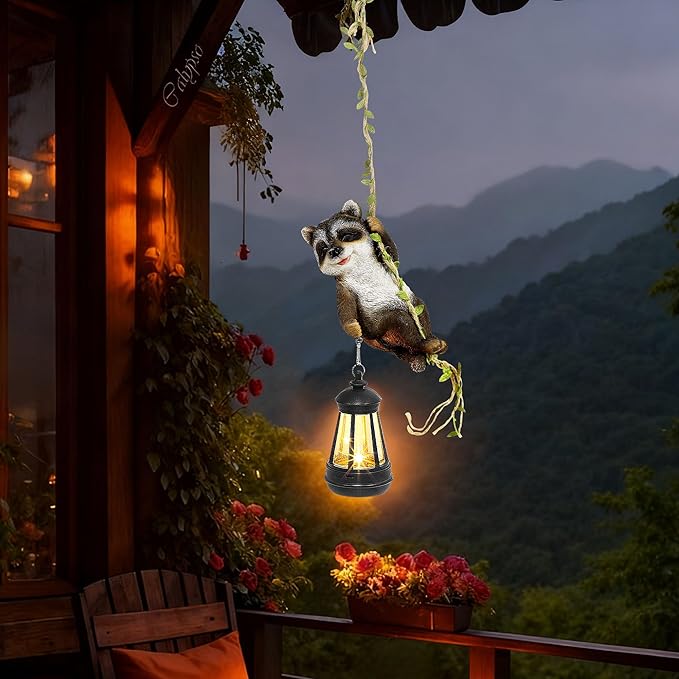 Solar Hanging Raccoon Statue Outdoor Resin Animal Figurine with LED Lights for Garden Fence Porch Patio Yard Decor Dusk to Dawn Auto On/Off