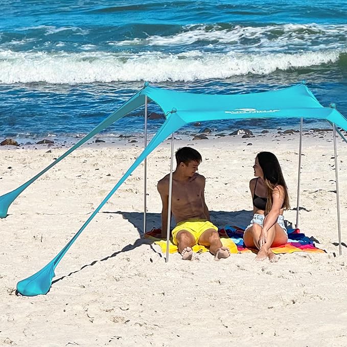 Sun Ninja Beach Tent Sun Shelter UPF50+ - Easy Pop Up Beach Canopy - Outdoor Shade for Camping Trips Fishing Backyard Fun Picnics - Sand Shovel Ground Pegs &amp Stability Poles