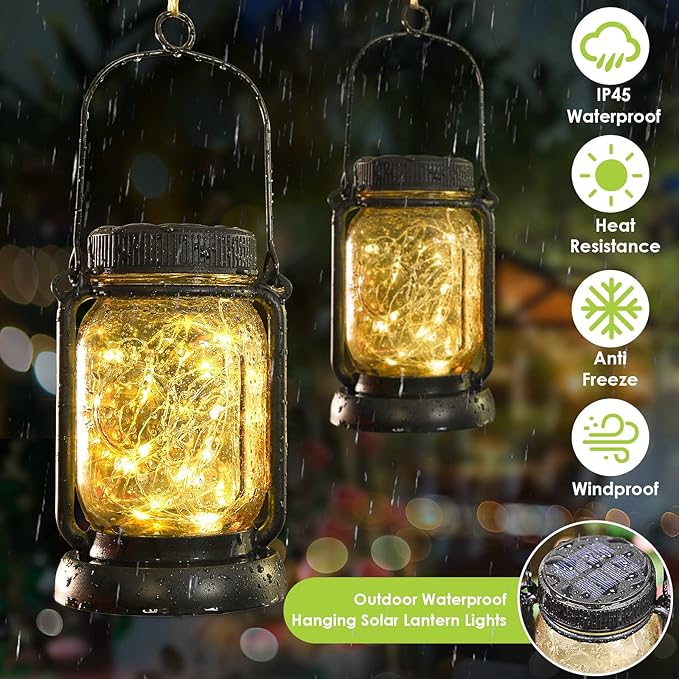 Mlambert 4 Pack Solar Hanging Lantern with Stakes Outdoor Waterproof Solar Mason Jar Fairy String Lights Decorative Vintage Glass Lamp-Warm White