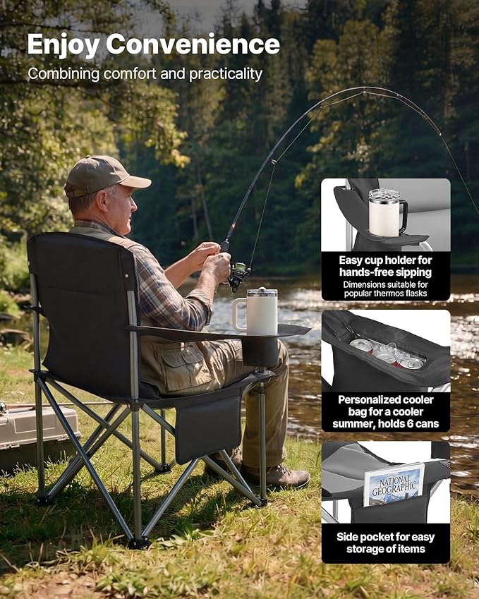 VEVOR Oversized Camping Folding Chair Portable Heavy Duty Outdoor Quad Lumbar Back Padded with Side Pockets Cup Holder and Cooler Bag for Beach Lawn Picnic Fishing Backpacking 2 Pack