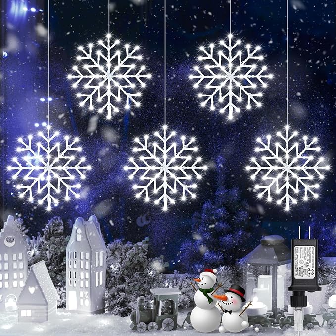 Brightown 2 Pack Christmas Snowflake Icicle Lights Outdoor - Plug-in 23.6ft 10 Drops 480LED Snowflake Window Lights for Indoor Outdoor Porch Eaves Rooftops Christmas Decoration