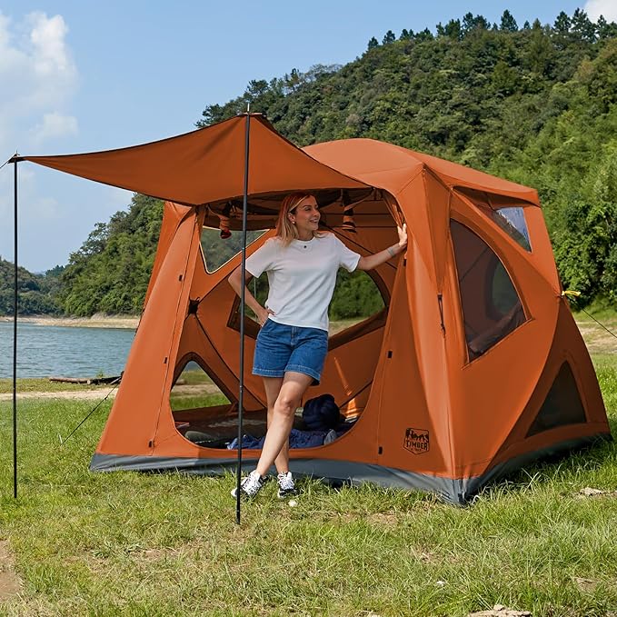 TIMBER RIDGE Instant Pop Up Hub Tent 4 Person Portable Weather Resistant Camping Tent 60 Second Set-Up Easy Up Tents with Rain Fly and Carry Bag Orange