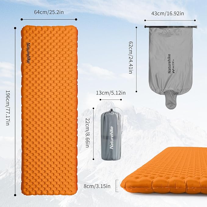 Naturehike Ultralight Insulated Sleeping Pad with R5.8 3.2in Thickened Patchworkable Inflatable Double Sleeping Mat for Camping Hiking Climbing with Inflatable Bag
