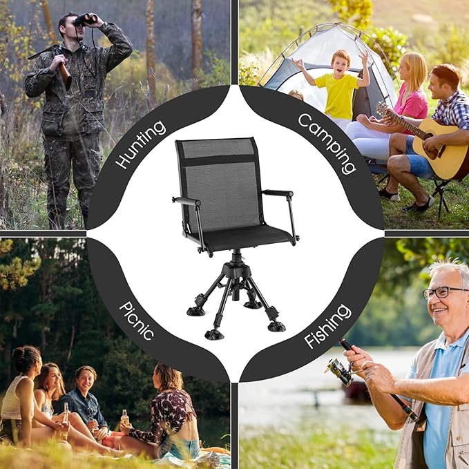 DORTALA Portable Hunting Chair 360 Degree Swivel Hunting Blind Chair w/Adjustable Height Comfortable Armrests Folding Deer Hunting Seat for Blinds Camping 330 LBS Weight Capacity Black