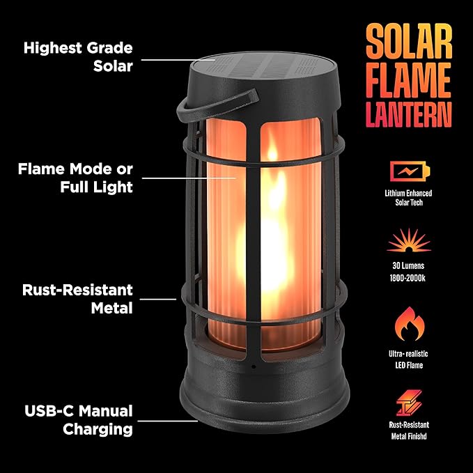 FoxFlame Metal Outdoor Solar LanternFlickering Solar Lanterns Outdoor Waterproof with Patented LEDOutdoor Lanterns for PorchPatioGardenTabletopHanging UseMatte Black(2 Pack)