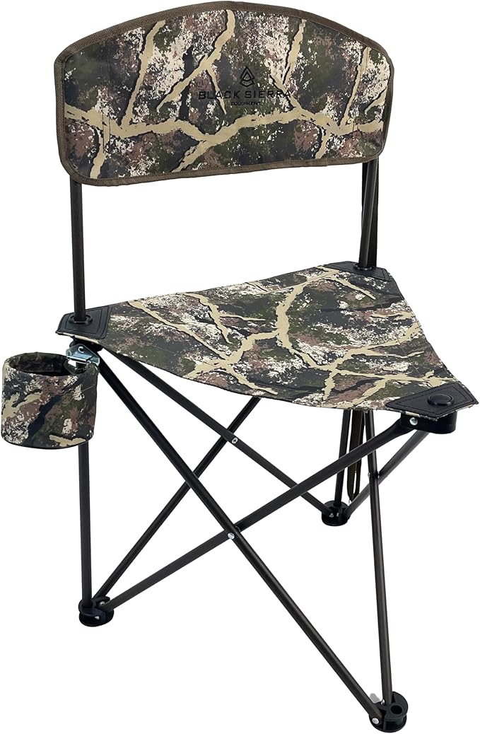Black Sierra Tri-Lite Stool w/Back Lightweight Portable Fishing Chair w/Cupholder and Carry Strap Supports 225-Lb Portable Outdoor Chair for the Hunting Blind Camping Travel Hiking