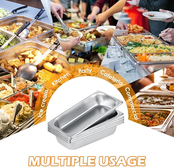 LANIAKEA 6PCS Hotel Pans Stainless Steel Steam Table Pan Restaurant Supplies 1/3 Size x 2.5 inch Deep Stainless Steam Table Pans Hotel Pan Trays for Food Party Catering Supplies
