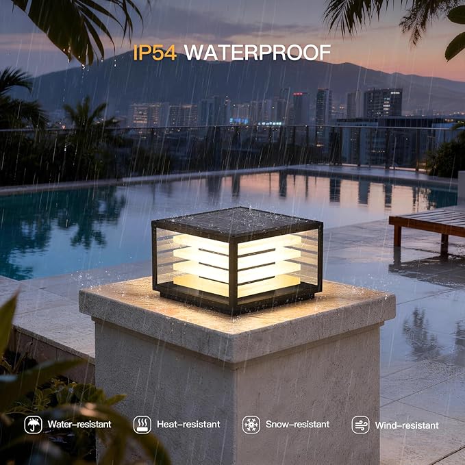 11.8'' Solar Post Lights Outdoor Glass Solar Pillar Lights Outdoor IP54 Waterproof Square Large Column Light Dusk to Dawn 3000K LED Column Lamp Modern Pillar Light Fixture for Entrance Posts