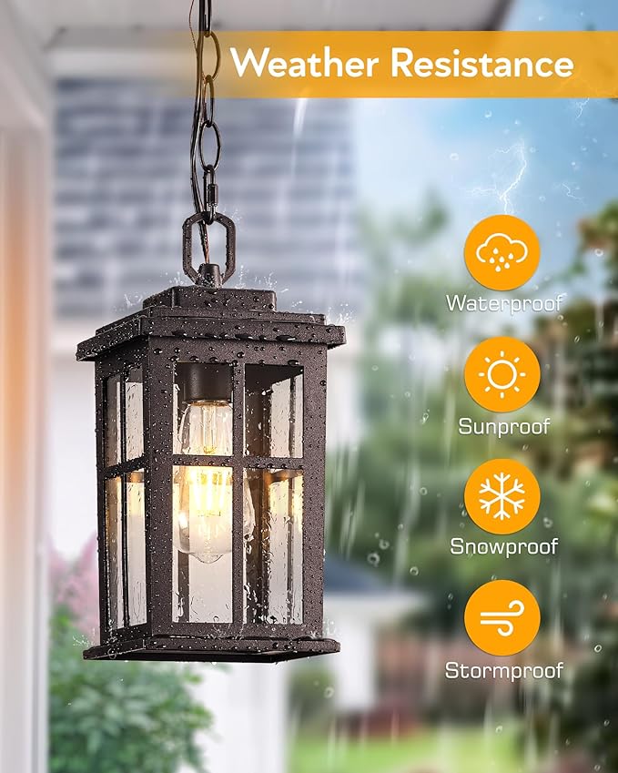 Bronze Hanging Porch Light Modern Outdoor Pendant Lights for Porch Waterproof Outdoor Hanging Lights with Tempered Glass Aluminum Hanging Exterior Light for Patio House Adjustable Chain