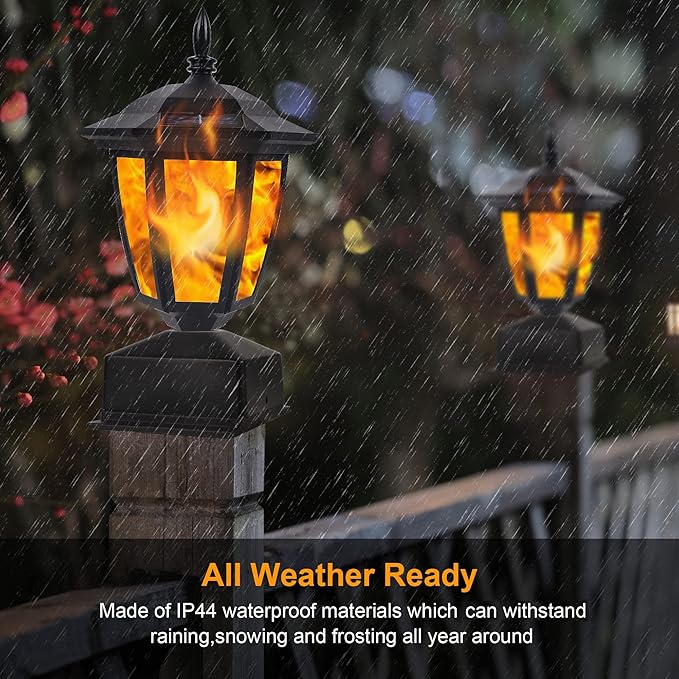 Dynaming Solar Flame Post Lights Outdoor Solar Powered Lamps Fence Post Cap Lights Flickering Flame LED Lantern Decorative Waterproof for Garden Deck Patio Fit 4x4 5x5 or 6x6 Wooden Posts 6 Pack