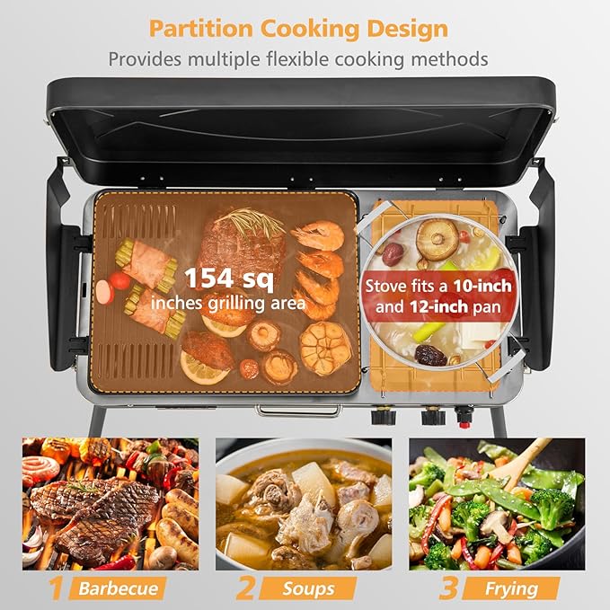 Giantex 2-in-1 Gas Camping Grill and Stove Portable Propane Grill Burner with Dual Control Knobs Detachable Legs 3-Sided Wind Screen Gas Hose with Regulator 20000 Total BTUs (Black)