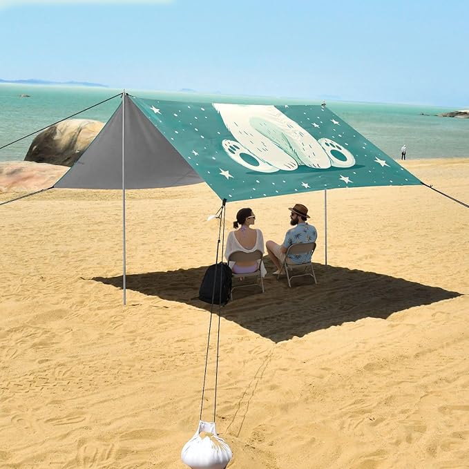 Cute White Bear Beach Tent Sun Shelter 9.2' x 10.5' Beach Canopy with 4 Sandbags 4 Stability Poles Sand Shovels - Tent Canopy for Beach Camping Fishing Picnics