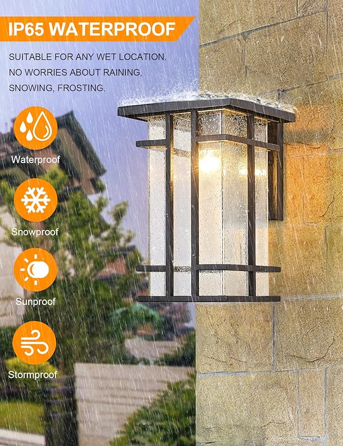 Rustic Dusk to Dawn Outdoor Wall Light Fixture 13.8H Waterproof Exterior Wall Sconces Black Metal with Seeded Glass Sensor Outdoor Wall Lantern for House Patio PorchEntrywayGarage Wall Lamps