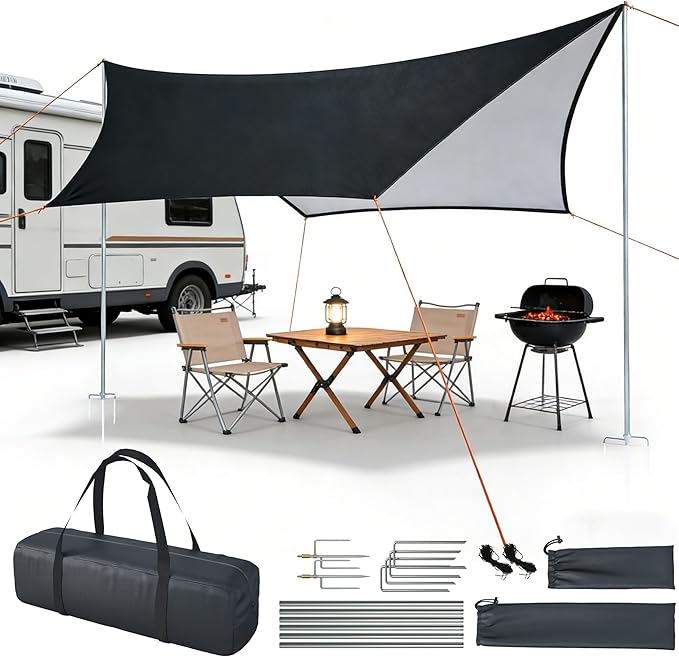 Camping Tent Tarp with Thickened Stainless Steel Bracket - PU 20000mm+ Waterproof Rain Shelter UPF2000+ Anti-UV Camping Canopy Portable Sun Shade for Camping Hiking Picnic