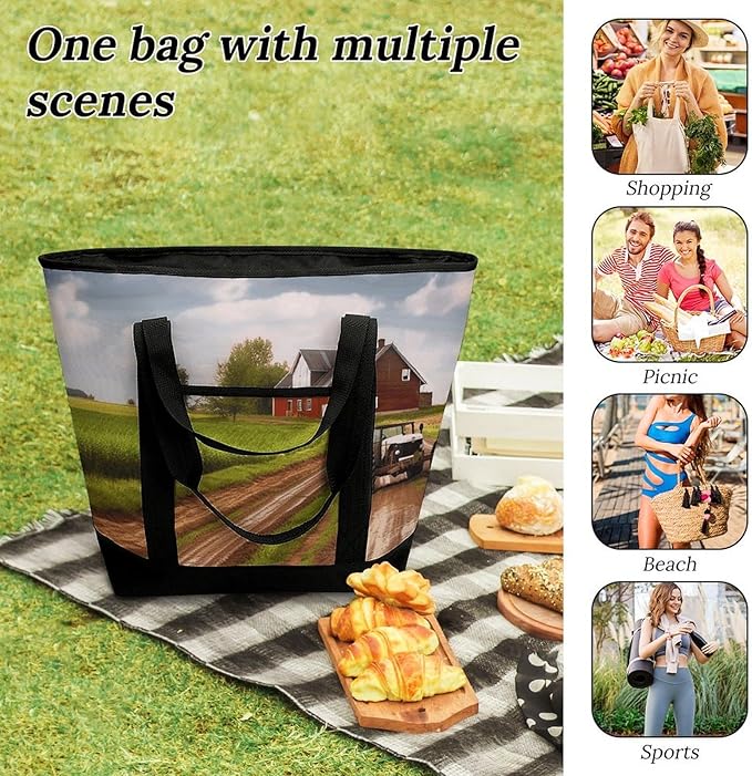 Insulated Shopping BagLarge Reusable Cooler Bags Country Road with Farm And Tractor Printed Foldable Shopping BagTravel Waterproof Shoulder Bag