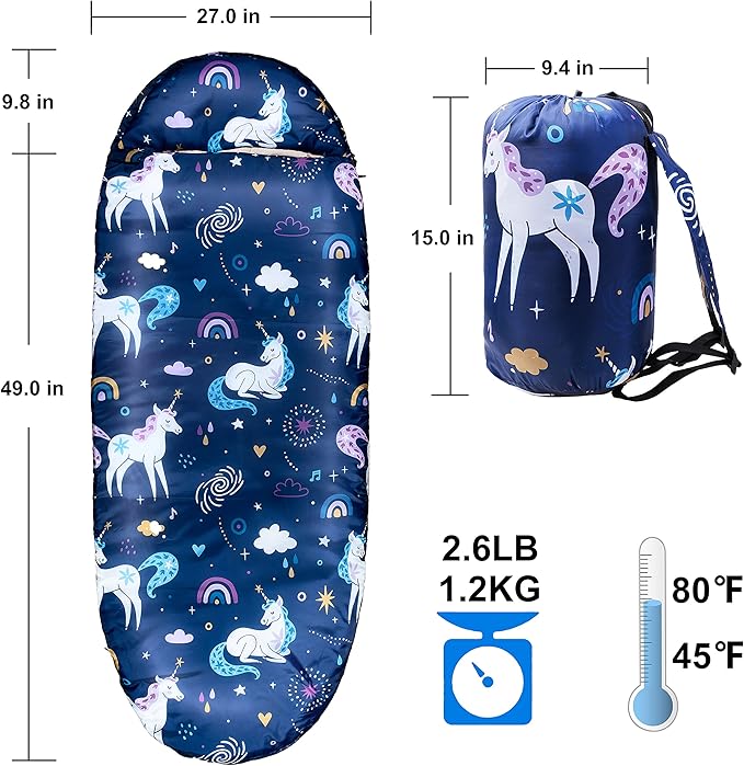 Kids Sleeping Bags for Girls – Unicorn Rainbow Space Navy – Rioyalo YOLO 45 Camping Sleeping Bags for Kids with Carry Bag - Outdoor and Indoor (Unicorn-NV)