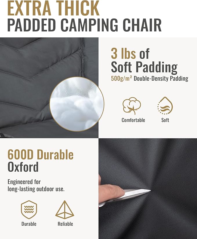 KingCamp Oversized XL Camping Chair Heavy Duty 500lbs Folding Couch for Adults Padded Large Comfortable Sofa Seat with Cooler Bag Cup Holder for Outdoor Sports Fishing Patio Lawn