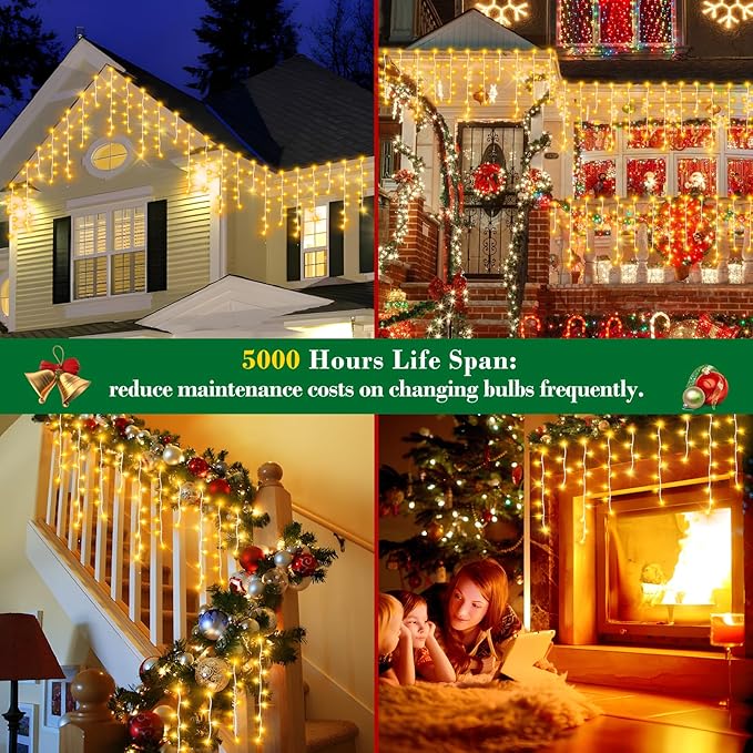 XURISEN 66ft Christmas Lights Decorations Outdoor 640 LED 8 Modes Curtain Fairy Lights with 120 DropsPlug in Waterproof Timer Memory Function for Christmas Holiday Wedding Party Decor(Warm White)