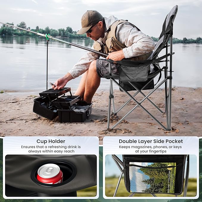 Oversized Camping Chair Heavy Duty- Portable Folding Chair Cup Holder &amp Waterproof Phone Case for Adults Beach Hiking Backyard (Black &amp Light Gray 2 PCS)