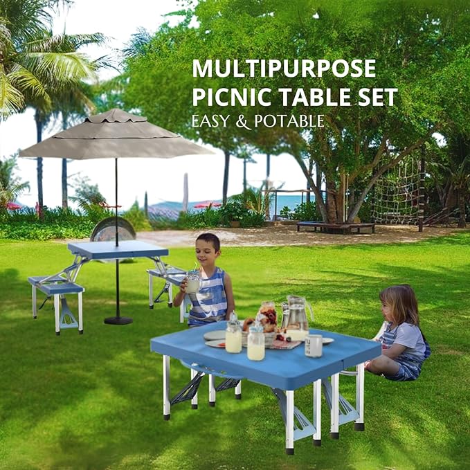 4Ft Folding Camping Picnic Table with 4 Chairs with Umbrella Hole Lightweight Suitcase Card Table-220 Lbs Support Aluminum Frame Plastic RV Tabletop for Outdoor Party Beach and Backyard