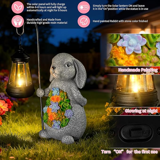 Solar Rabbit Garden Statue with Lantern – Waterproof Resin Outdoor Decor for Yard Lawn Patio Garden – Gift for Easter Christmas Housewarming – Solar Garden Decor
